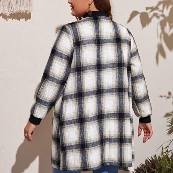 NEW! PLUS Size Black Plaid Flap Pocket Zipper Bomber Lightweight Overcoat Winter - Picture 4 of 4